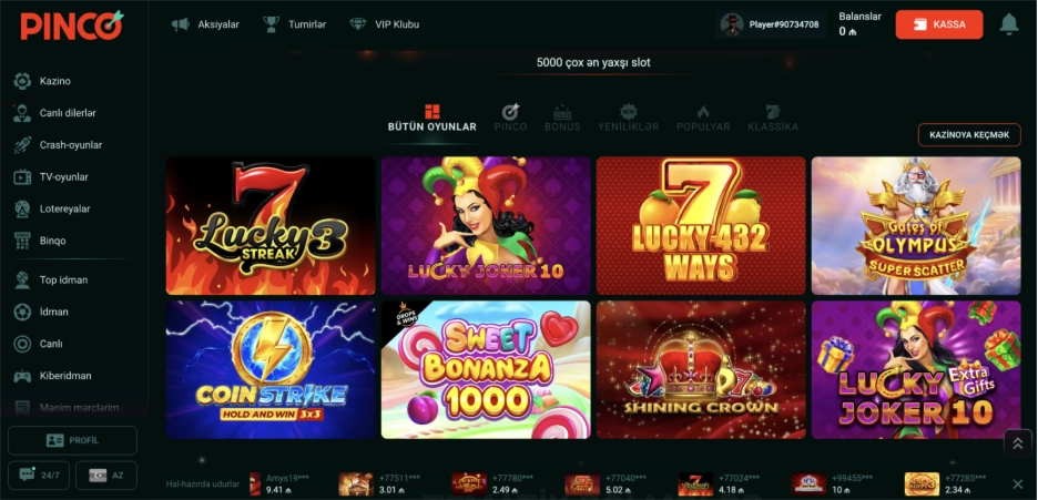 Pinco Casino-nun oyun seçimləri və əyləncə dünyası